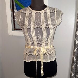 Gadzooks Vintage Y2K Sheer Lace Mesh Peplum Top SZ Small